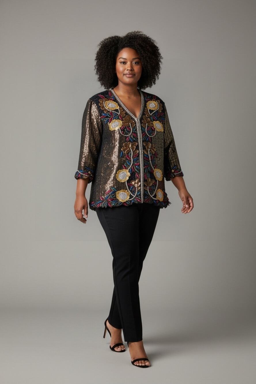 3XL Black Gold Sequin Beaded Floral Evening Jacket Statement Formal Top